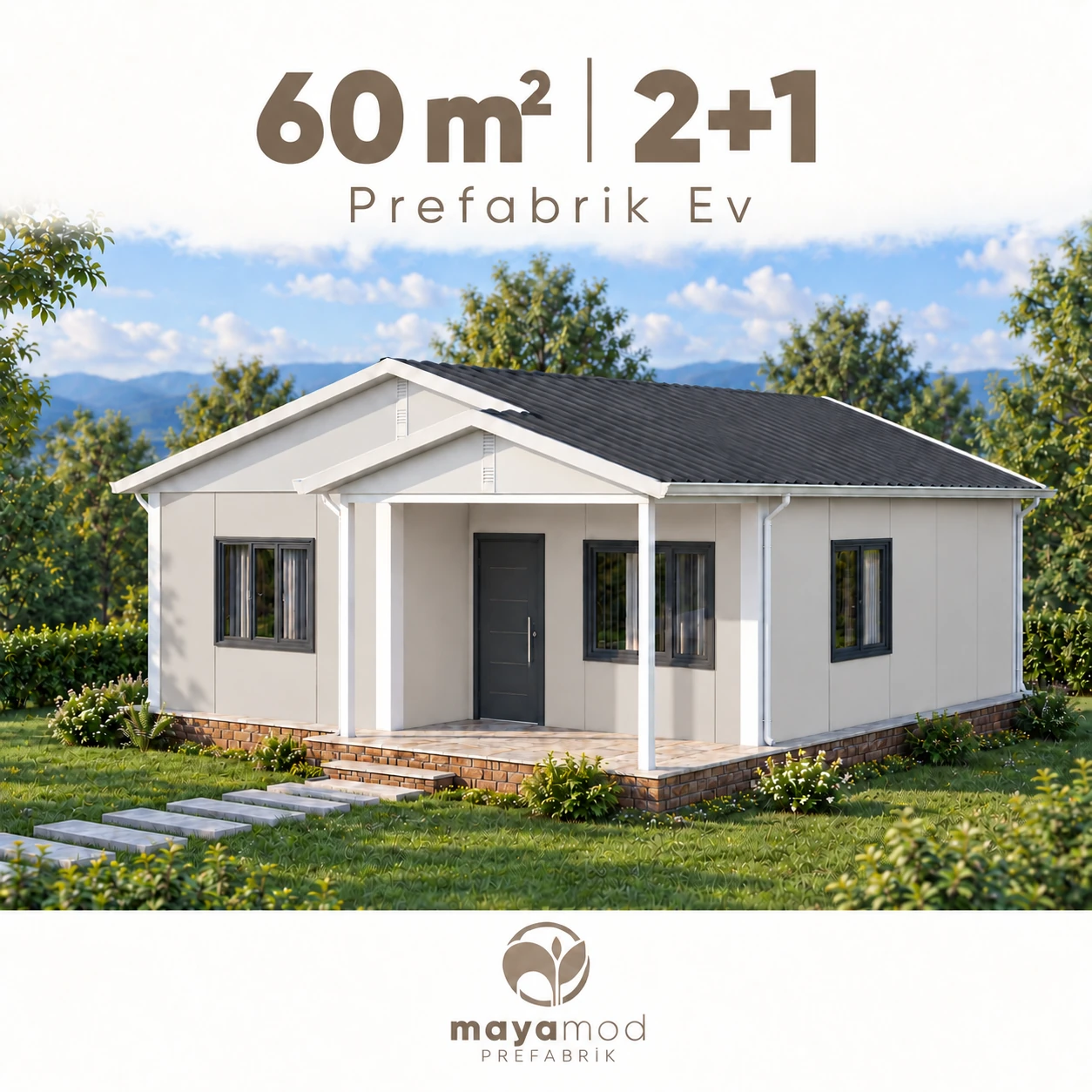 60 m² 2+1 prefabrik evin dijital cephe görseli