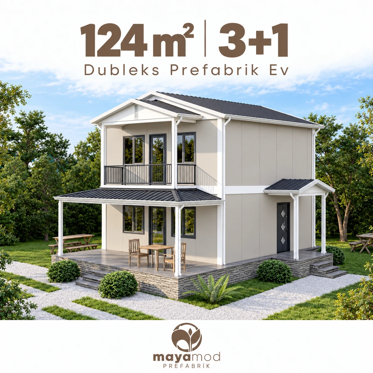 124 m² 3+1 prefabrik evin dijital cephe görseli