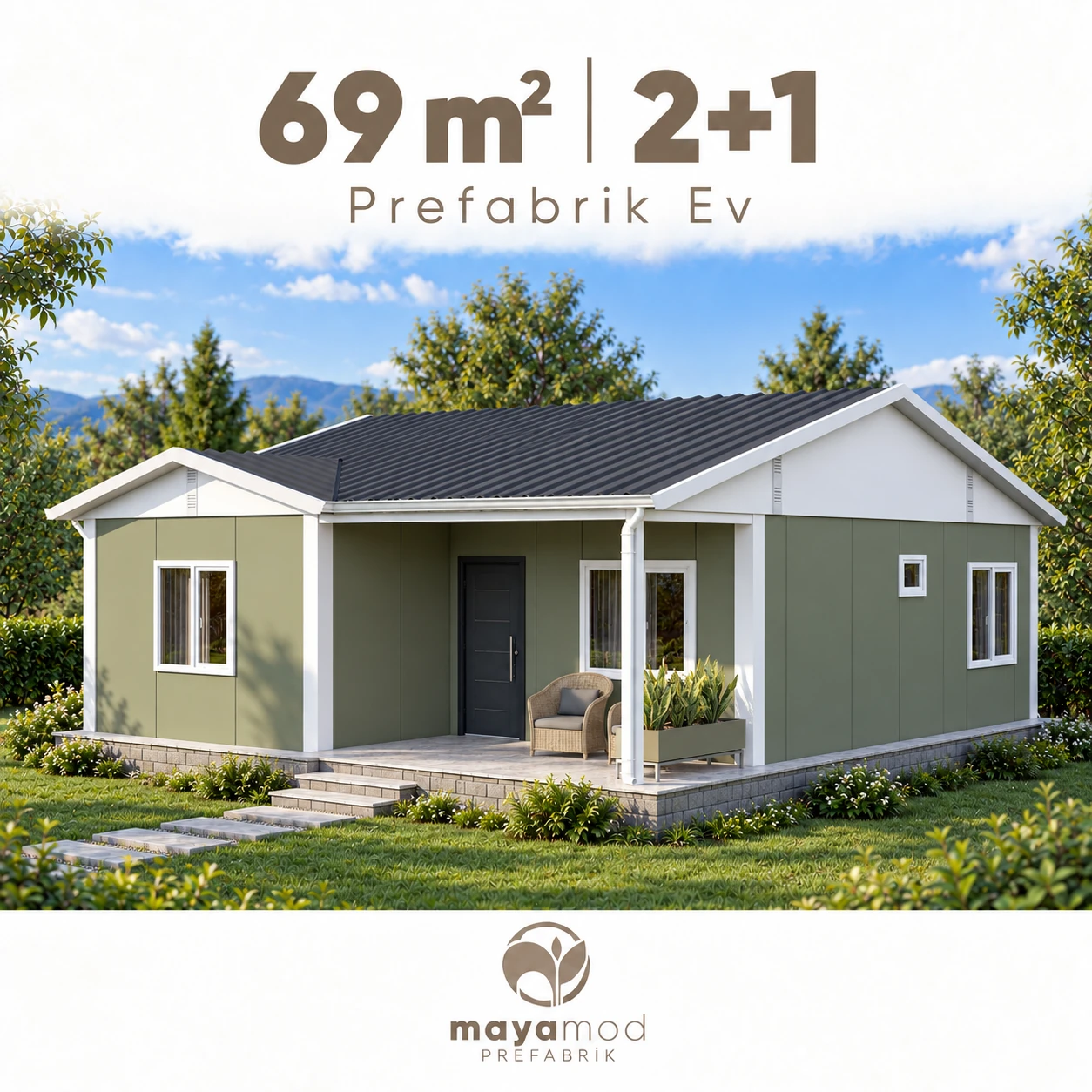 69 m² 2+1 prefabrik evin dijital cephe görseli