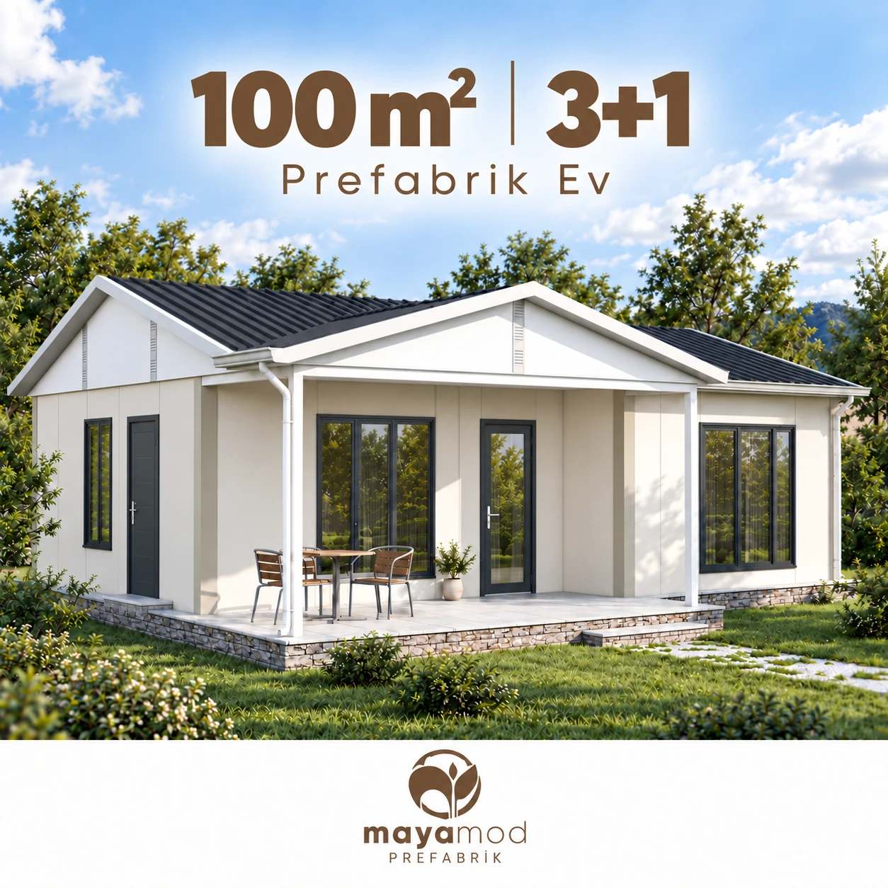 100 m² 3+1 prefabrik evin dijital cephe görseli