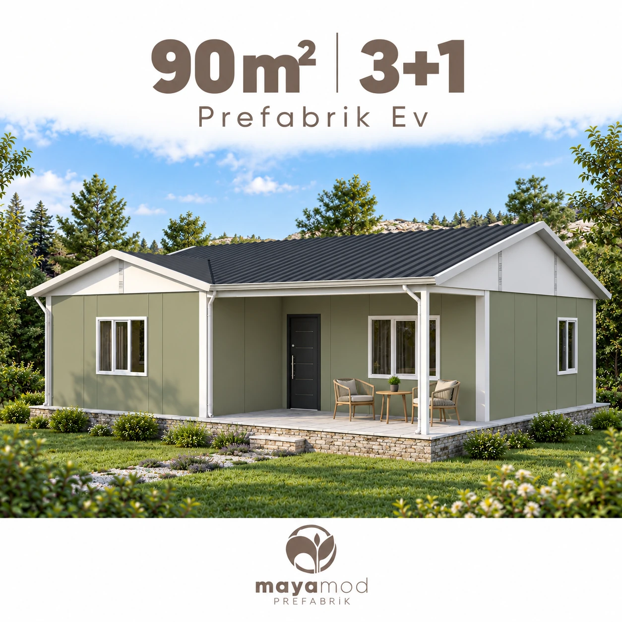 90 m² 3+1 prefabrik evin dijital cephe görseli